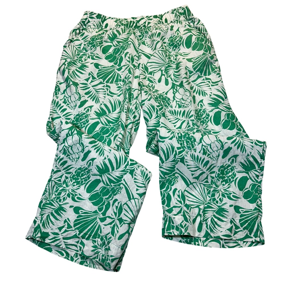 Nicole Miller New York Womens M Green White Tropical Linen Wide Leg Pants Resort
